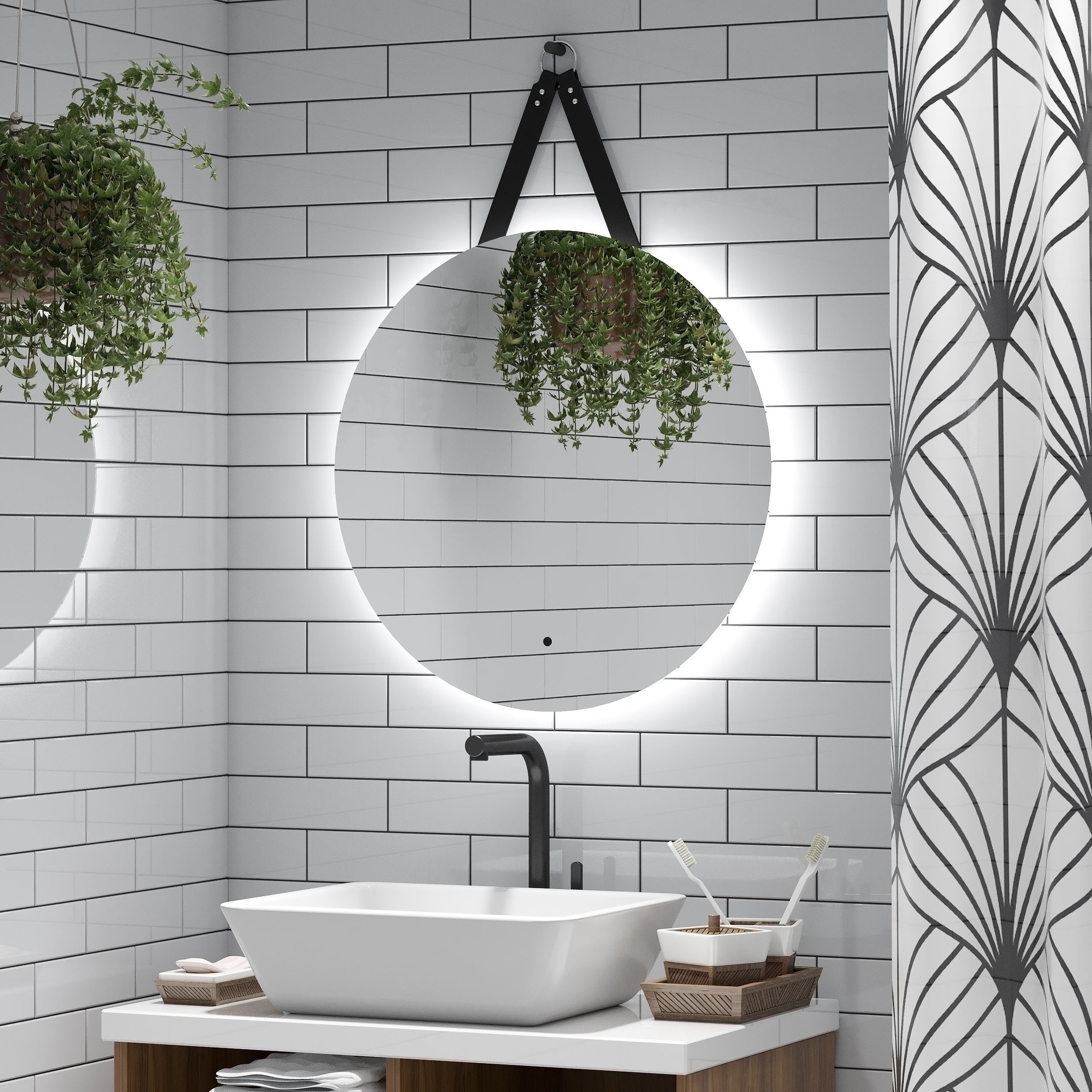 Зеркало " Best Led" D 650 на ремне из натуральной кожи черного цвета с бесконтактным сенсором